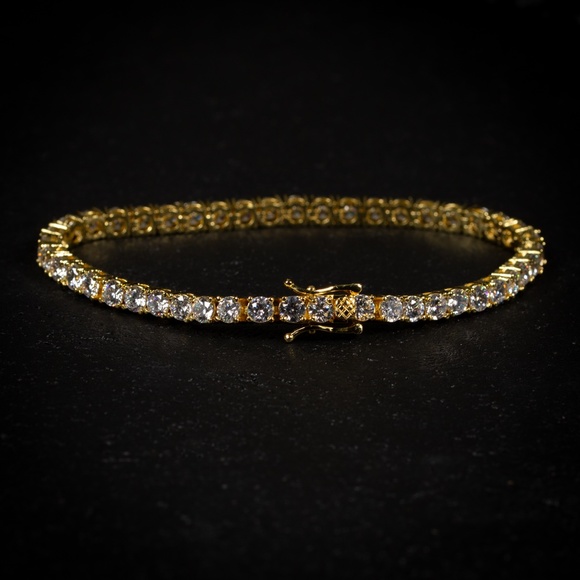 Mens Hip Hop Round Cut Solitaire Cz 14K Gold Plated Iced Tennis Chain Bracelet - Picture 2 of 3